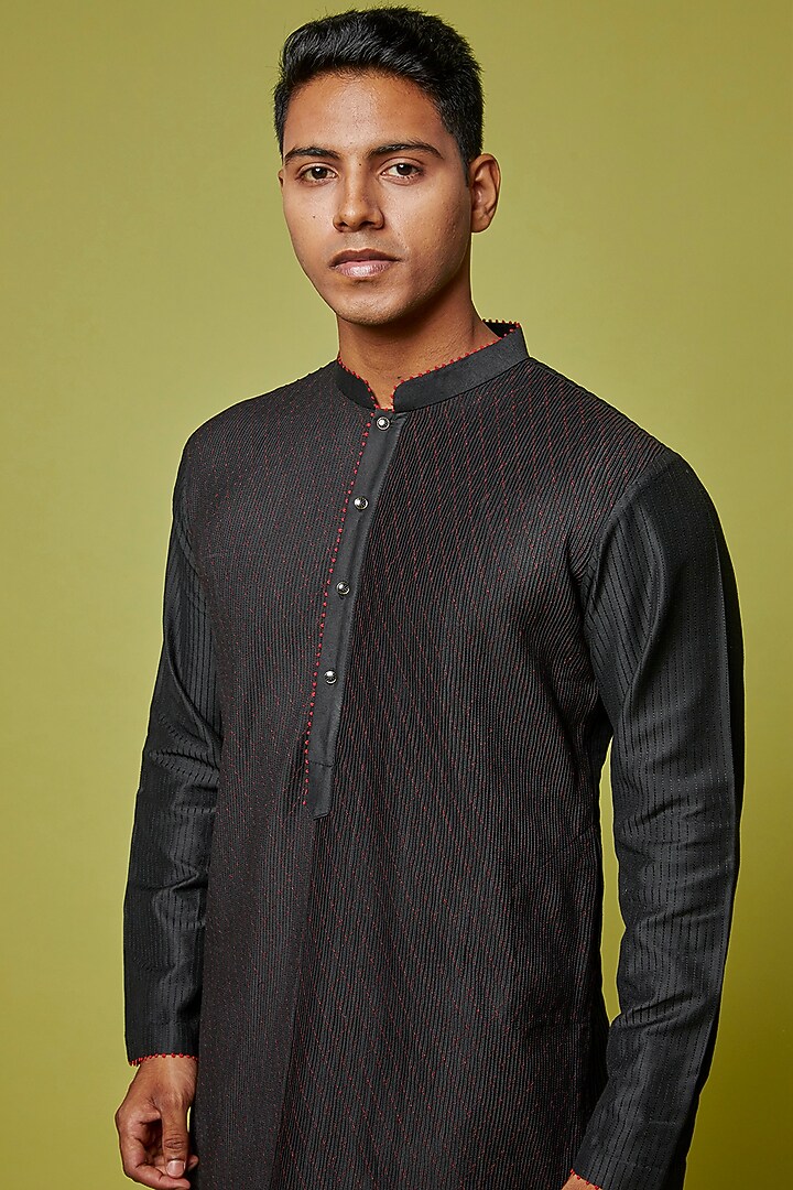 Black Cotton Silk Embroidered Kurta Set by RE:O:SA at Pernia's Pop Up Shop
